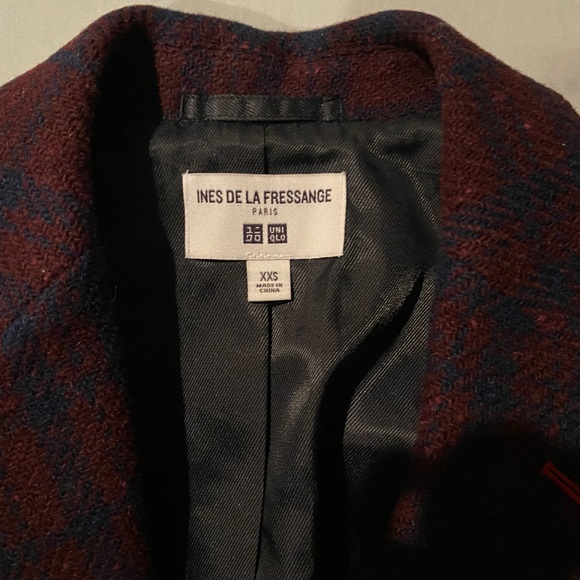 Iness de la Fressange burgundy and navy plaid wool blazer size XXS - Picture 5 of 8